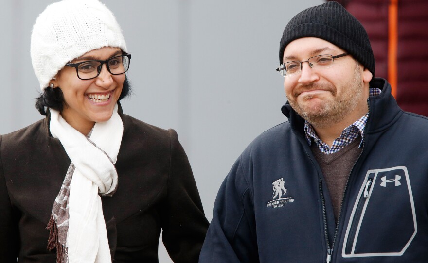 U.S. journalist Jason Rezaian appeared with his wife, Yeganeh Salehi, at Germany's Landstuhl Regional Medical Center after being released from an Iranian prison in January.