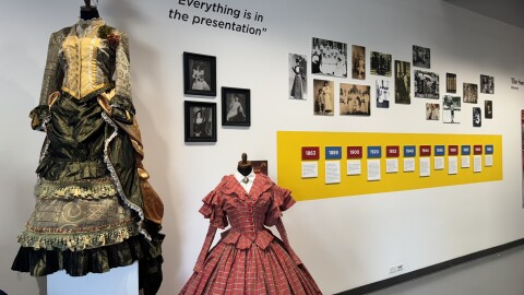 Two dresses are seen in the "Clothes Story" exhibit currently showing at the Mesa College Art Gallery, Sept. 4, 2025.