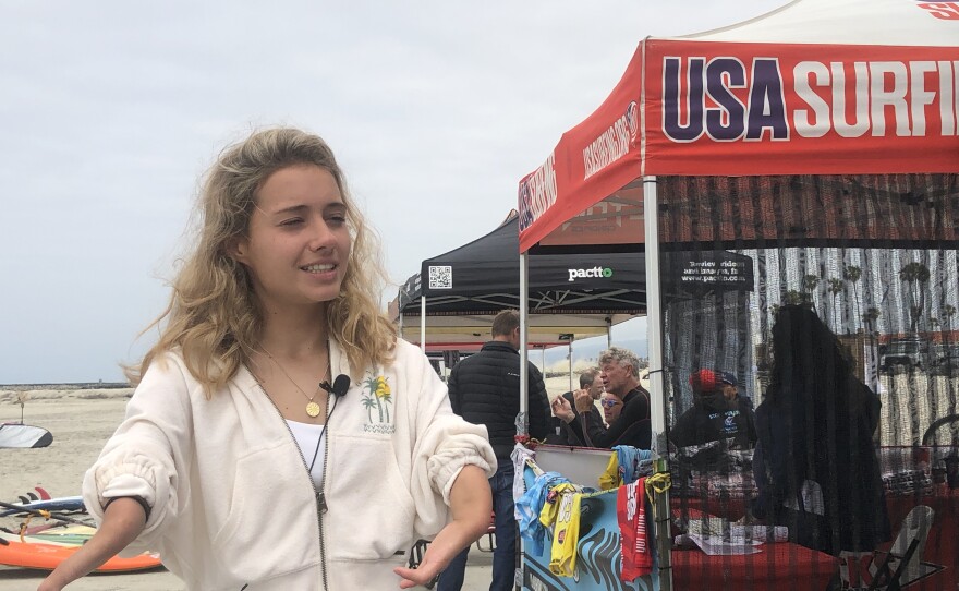 Liv Stone speaking to a reporter at the USA Surfing Championship in Oceanside, June 13, 2023.