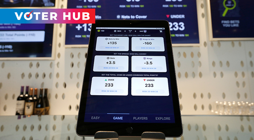 In this March 19, 2019, file photo, an iPad displays the types of free bets that could be placed at the Golden 1 Center's Skyloft Predictive Gaming Lounge in Sacramento, Calif. with the KPBS Voter Hub overlay.