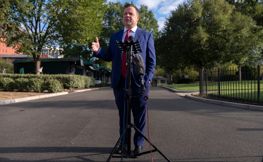 Bill Pulte speaks with reporters at the White House on Sept. 2, 2025. Trump's decision to nominate Pulte as acting director of national intelligence has frustrated Senate lawmakers, including several Republicans.