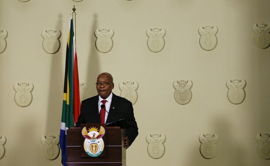 Former South African President Jacob Zuma resigns his post in a televised address to the country last month. Now, just one month later, the embattled erstwhile leader faces 16 counts of corruption, money laundering and racketeering.