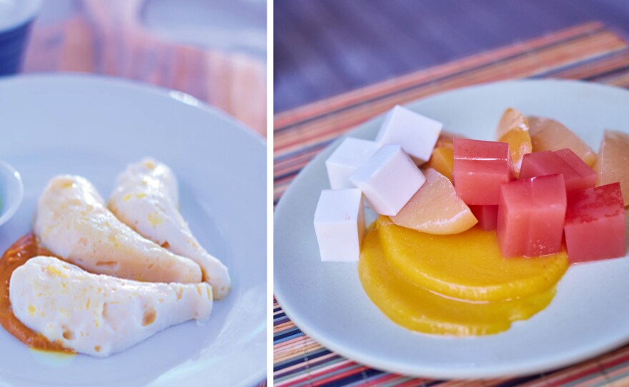 Swallowing disorders are becoming more common. Some chefs are now whipping up nutritious recipes that are not only easy on the throat, but help restore the joy of eating. Left: Pureed satay chicken with edamame, shaped into the form of a drumstick. Right: Pureed fruit and yogurt set with agar agar â Australian chef Peter Morgan-Jones calls it an ideal finger food for those with dysphagia.