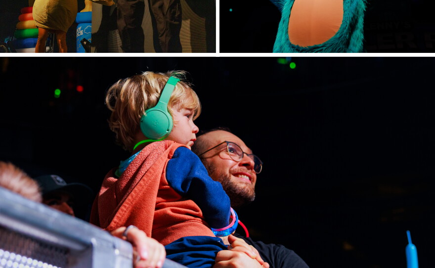 Left: Bubbles the Duck performs with Pearce. Right: Kuma the Monkey dances on stage. Bottom: Children and parents watch the show.