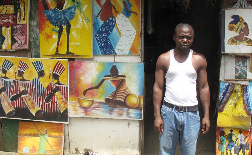Missionaries used to buy art from local artists along Monrovia's Mamba Point. But Suah Kollie, who runs the S.K. African Arts Shop, says they've been too afraid of Ebola lately to come back.