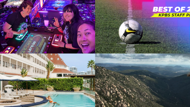 Some of the local places featured on KPBS' Best Wellness and Self-Care of 2025 list are shown. Top row, from left: Arcade Monsters and Sportsplex USA Santee. Bottom row, from left: Hotel del Coronado and Corte Madera Mountain.