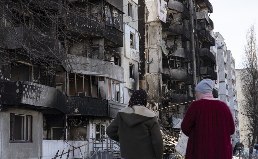 Apartment complexes burned and blackened by flames from bombing in Borodyanka, northwest of Kyiv