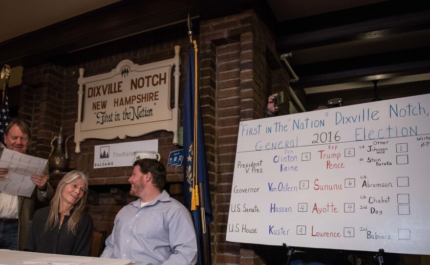 Voting results are displayed on a whiteboard just after midnight on Nov. 8, 2016, in Dixville Notch, N.H., the first polling place in the country to vote since 1960.