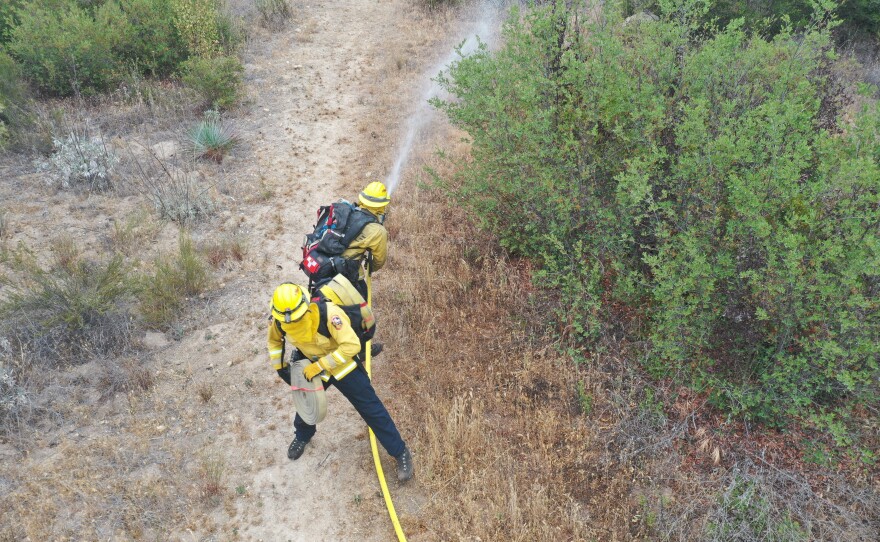 Firefighters with Cal Fire San Diego practice a progressive hose lay during training.