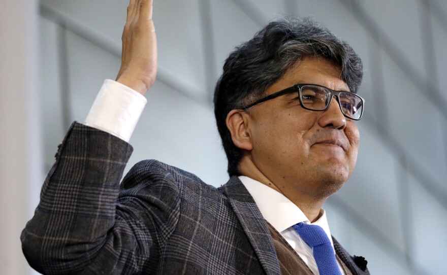 Sherman Alexie speaks at a celebration of Indigenous Peoples' Day at Seattle's City Hall in 2016.