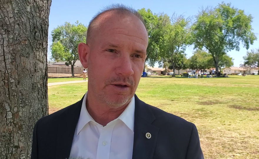 John Hemmerling, a candidate for San Diego Sheriff, speaks in a park in Allied Gardens, May 13, 2022.