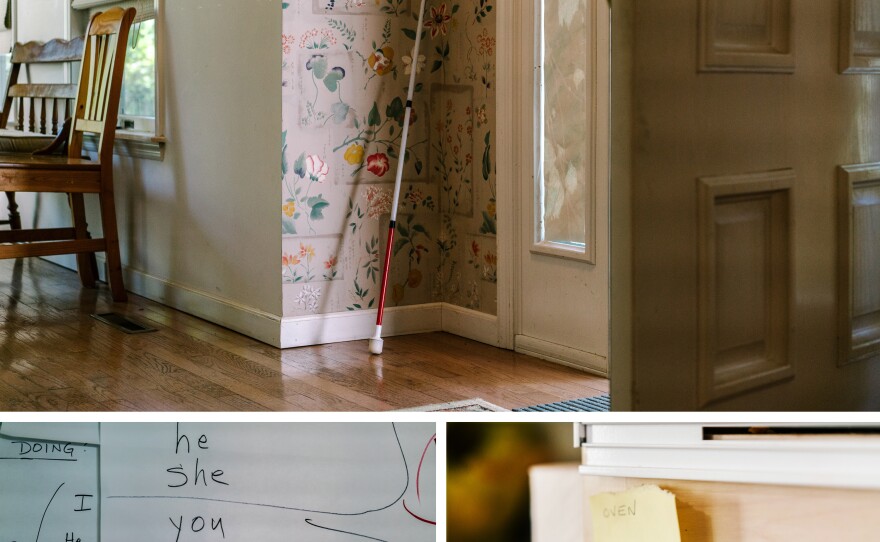 (Top) Osama's cane stands next to the door, ready for a walk. (Left) Some of the English-language signs that adorn the walls of the room in their house, where ESL classes take place each day. (Right) One of many small post-its stuck to appliances throughout the house, labeling things with their English names to help the family learn.