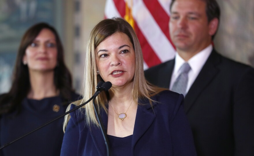 Barbara Lagoa in January 2019 speaking as Florida Gov. Ron DeSantis' pick for the Florida Supreme Court.