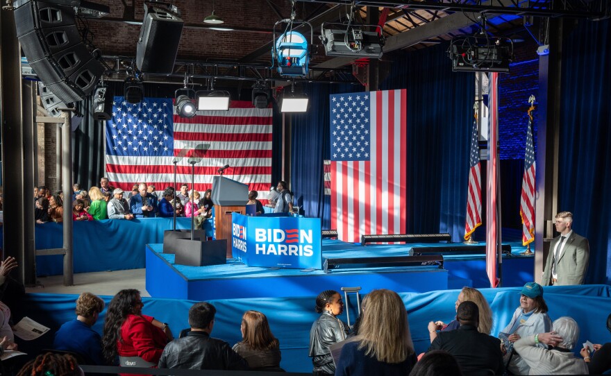 Supporters arrive for a campaign event in Atlanta for President Biden on Saturday.