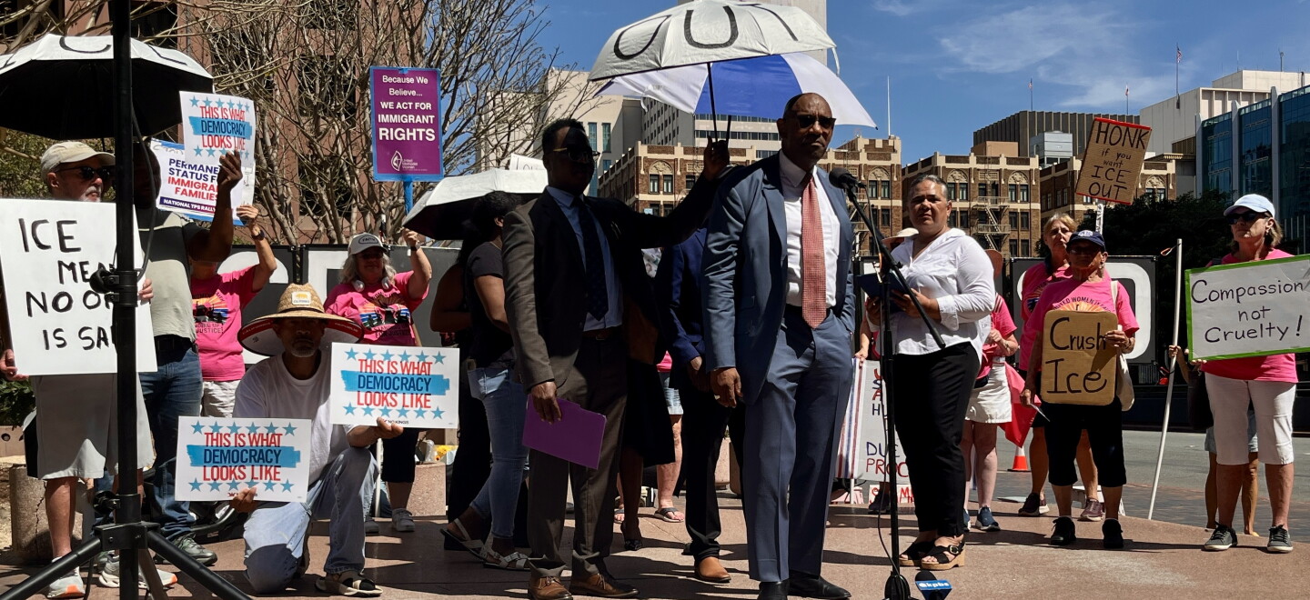 Haitian community members and other locals supporting their efforts gathered outside the the San Diego Immigration Court downtown, Sep. 10, 2026.