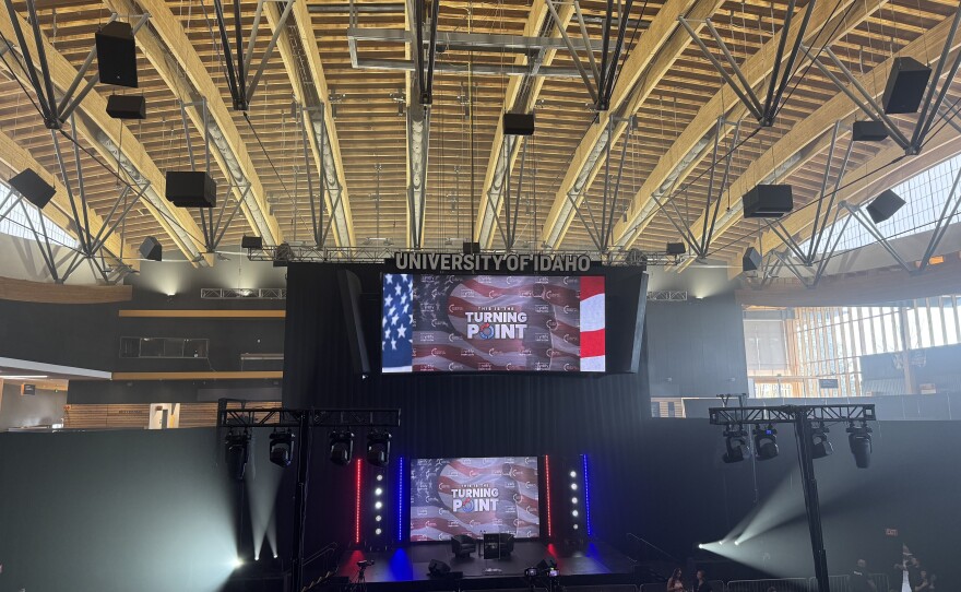 The inside of the ICCU Arena at the University of Idaho set up for a Turning Point USA event as part of the This is the Turning Point Tour. The arena can typically seat 4,000 and was set up for less than 900 for TPUSA's tour stop.
