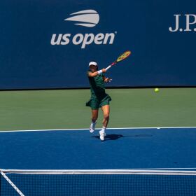 Tennis player Alyssa Ahn competes at the U.S. Open in New York City, Monday, Aug. 25, 2025.