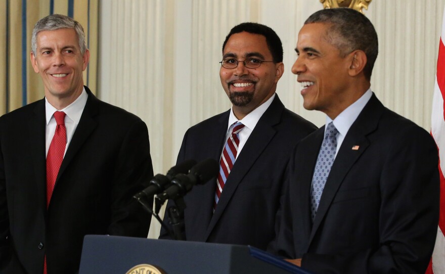 President Obama announces his nomination of Deputy Education Secretary John B. King Jr. (center) to be the next head of the Education Department, replacing Education Secretary Arne Duncan (left).