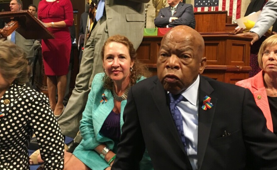 This photo provided by Rep. Chellie Pingree, D-Maine, shows Democratic members of Congress, including Rep. John Lewis, D-Ga. (center), and Rep. Elizabeth Esty, D-Conn., as they participate in a sit-down protest seeking a vote on gun control measures.