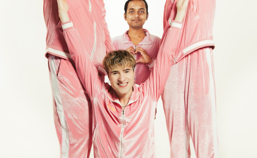 Boy Throb members Evan Papier (from left), Anthony Key and Zachary Sobania pose with a cardboard cutout of their 4th member, Darshan Magdum. 