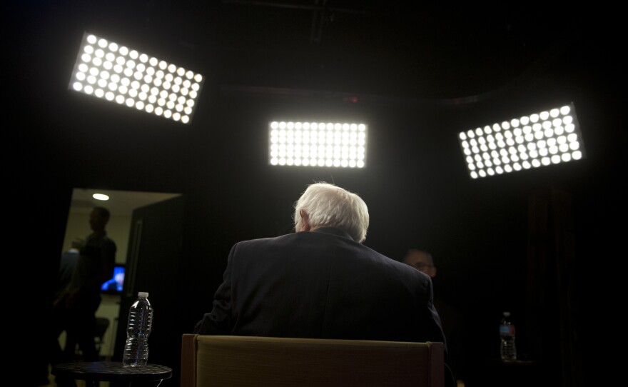Sen. Bernie Sanders sits for an interview with The Associated Press Monday.
