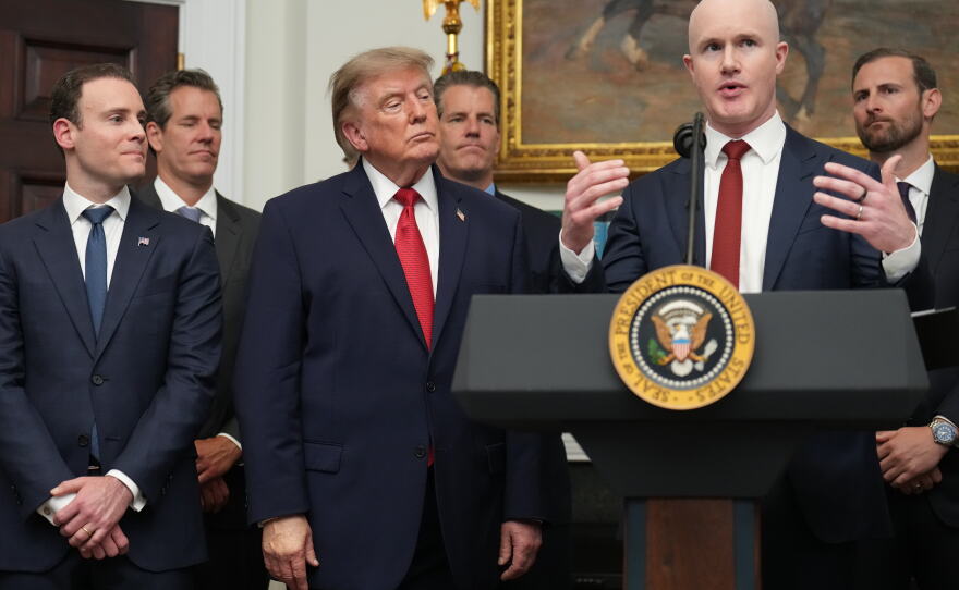 Coinbase CEO and co-founder Brian Armstrong speaks as President Donald Trump meets with technology leaders in the Roosevelt Room of the White House, Wednesday, Aug. 19, 2026, in Washington.