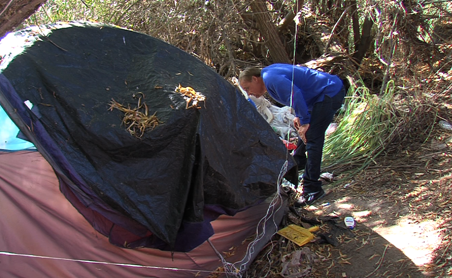 Bob McElroy, president and CEO of the Alpha Project, searches for homeless people in need along the San Diego River in Mission Valley on January 8, 2014.