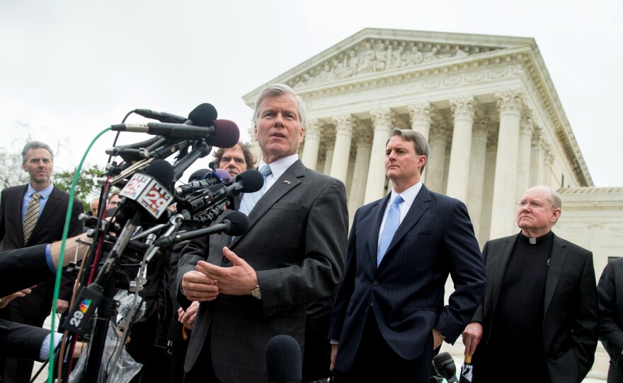 Former Virginia Gov. Bob McDonnell speaks outside the Supreme Court in Washington on Wednesday after the justices heard oral arguments on the corruption case against him.