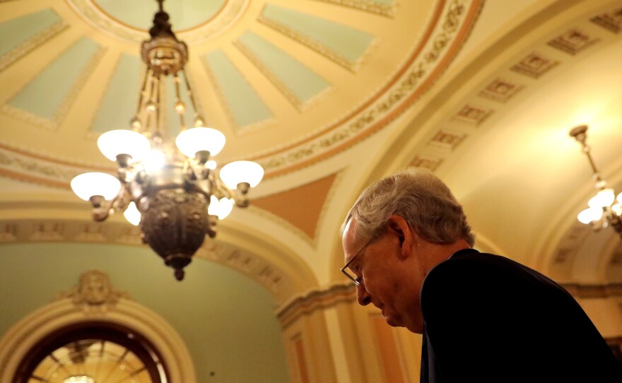 Senate Majority Leader Mitch McConnell attends a news conference following a party policy meeting at the U.S. Capitol on July 11.
