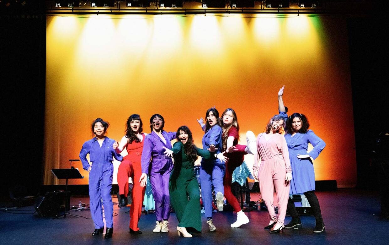 The members of Baby Bushka are shown on stage in an undated photo. Founder and bandleader, Natasha Kozaily, is shown towards the center, wearing dark green.