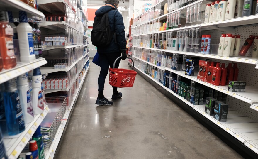 People shop for groceries in a Manhattan store on Jan. 12, 2022 in New York City. Newly released data show that inflation reached a four-decade high in February. Surging prices are adding to American's financial stress.