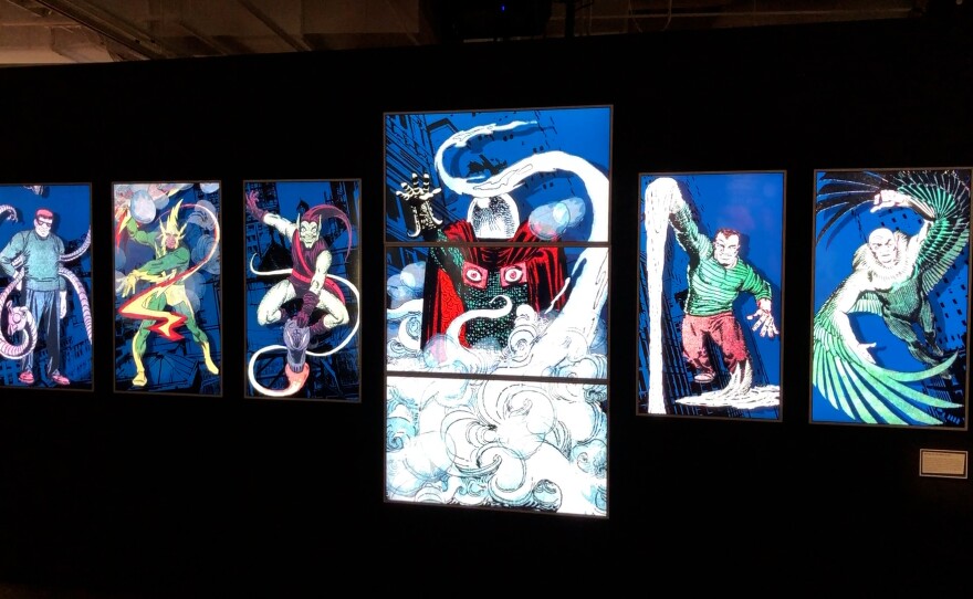 There is a wall of villains conjured up by Mysterio at Spider-Man: Beyond Amazing - The Exhibition.