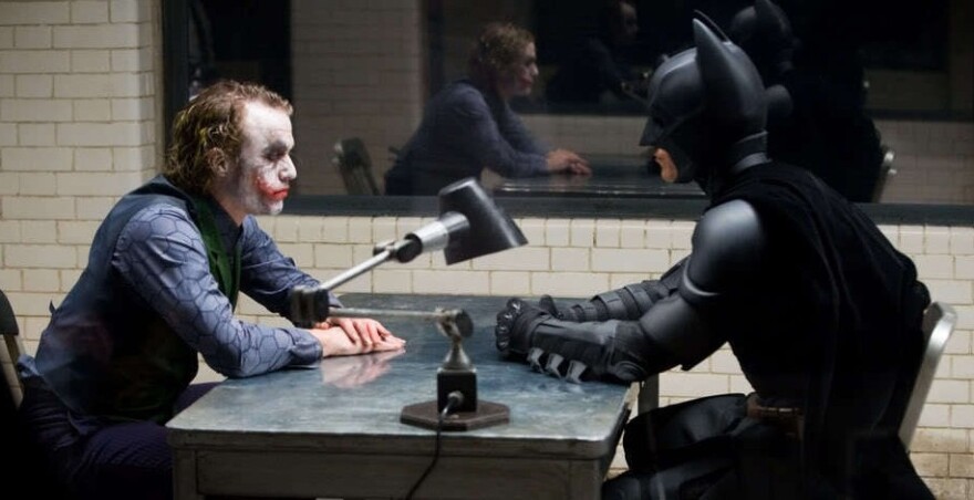 Heath Ledger as The Joker and Christian Bale as Batman in Christopher Nolan's 2008 "The Dark Knight."