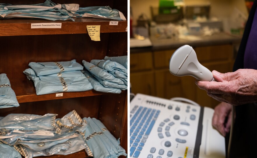 Scrubs inside Southwestern Women's Options, where Dr. Curtis Boyd shows ultrasound equipment.