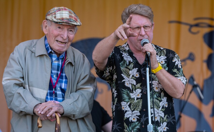 George Wein, left, and Quint Davis announce the 50th annaversary of the New Orleans Jazz & Heritage Festival on April 29, 2018 in New Orleans.