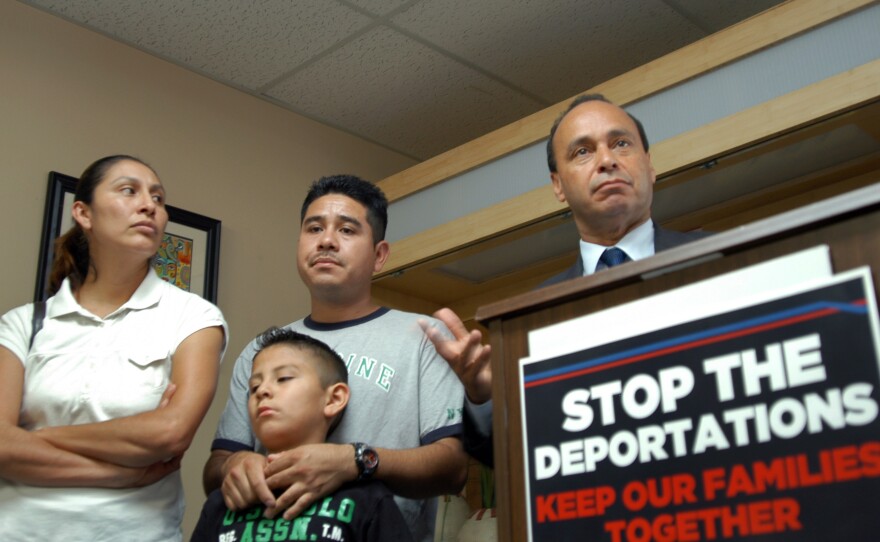 In April, 2012, U.S. Rep. Luis Gutierrez, D-Ill., right, accompanied Gabino Sanchez, top center, and members of Sanchez's family, at a press conference in Charlotte, N.C. Sanchez was in process of deportation to Mexico after being arrested due to driving without carrying the corresponding driver's license.