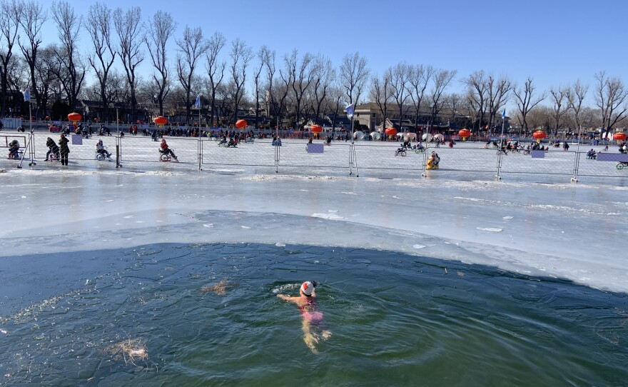 Houhai is a frozen lake used by outdoor skaters — and swimmers.