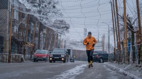 Drone nets cover the streets of Izium, Ukraine, on Feb. 7. The netting discourages drones from diving at cars and people because their propellers get tangled in it.