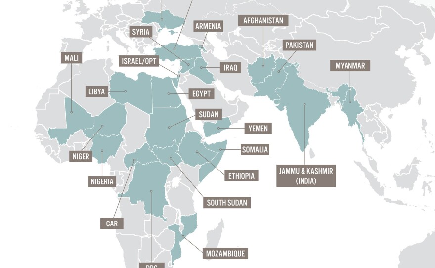 Heath care facilities and workers were attacked in 23 countries in 2016. Note: CAR is the Central African Republic; DRC is the Democratic Republic of Congo; OPT is the Occupied Palestinian Territories.