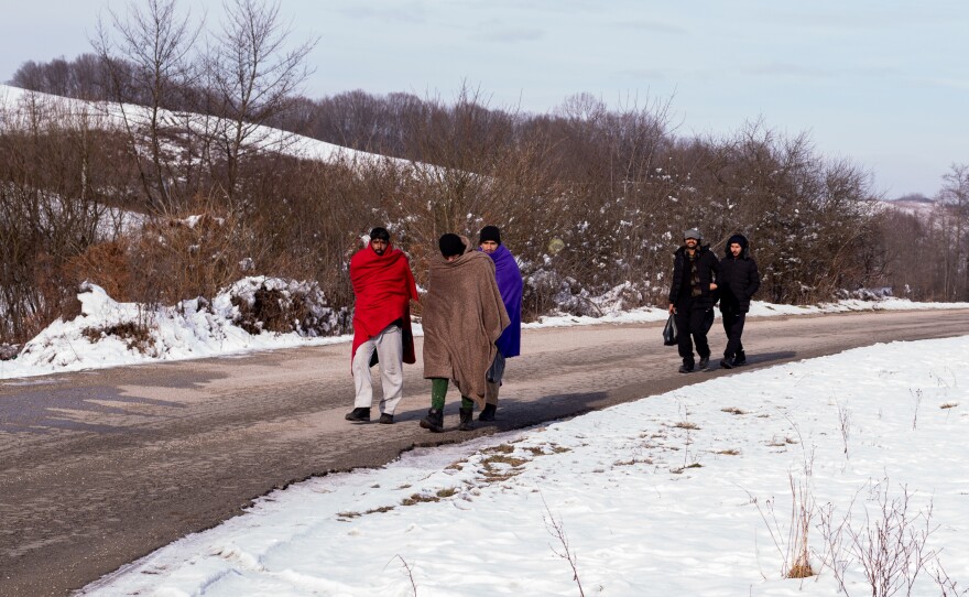 A group of Egyptian migrants walk in the Pozvizc area, near the Croatian border, making their way back to the city of Bihac. They were just pushed back into Bosnia from Croatian border police. They said police officers beat them up when they discovered them.