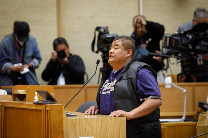 Moses Miramontes speaks at a hearing over a proposed ordinance that would ban encampments on public land in the city of San Diego, April 13, 2023.