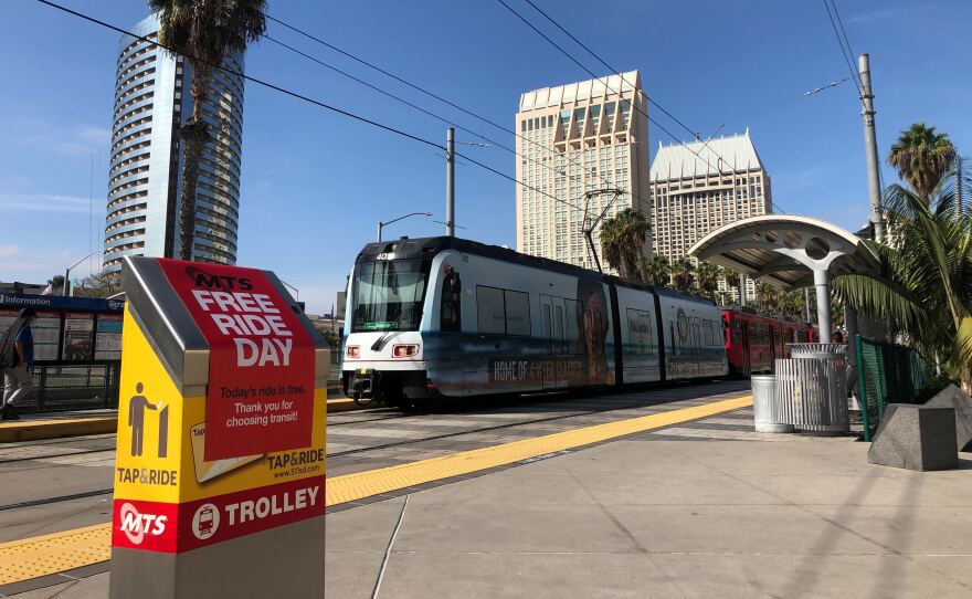 The MTS Green Line Trolley pulls into the Convention Center Station in downtown San Diego on Nov. 3, 2020.