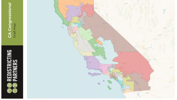 The new congressional map drafted by Paul Mitchell's firm, Redistricting Partners. Gov. Gavin Newsom proposed drawing a new temporary map that favors Democrats. Voters will decide in November whether to approve it.