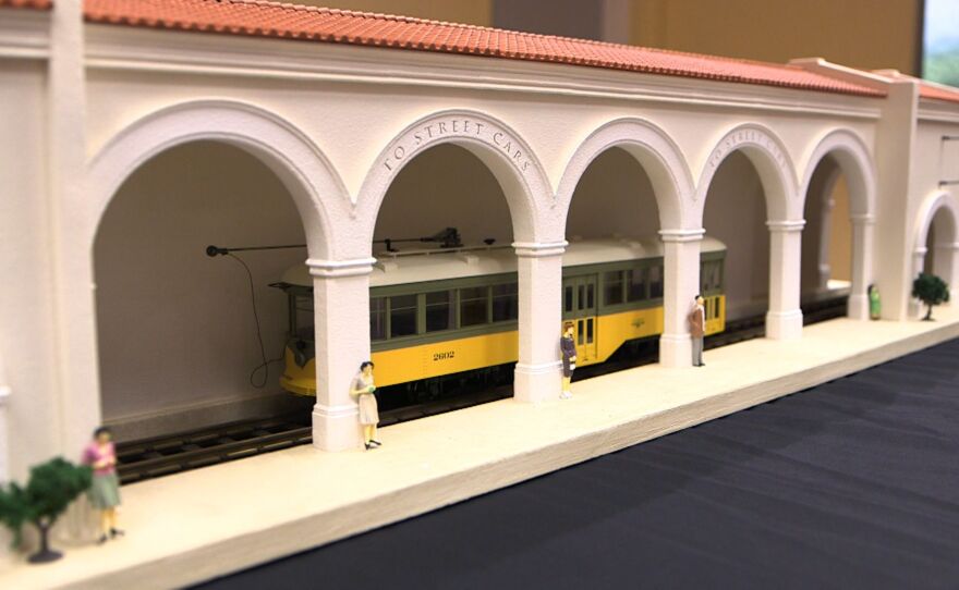 A model trolley station that will be included in the San Diego Model Railroad Museum's Centennial Garden Railway is pictured.