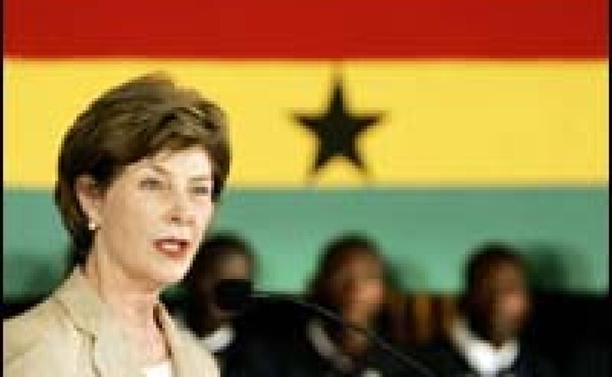 First lady Laura Bush speaks at the Accra Teacher Training Centre in Accra, Ghana, on Jan. 17, 2006.