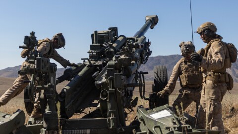U.S. Marines with 1st Battalion, 11th Marine Regiment, 1st Marine Division, prepare to fire an M777 155mm howitzer during an artillery live-fire range as part of Cobra Fury 2-25 on Marine Corps Base Camp Pendleton, California, Sept. 11, 2025.  (U.S. Marine Corps photo by Cpl. Savannah Norris)