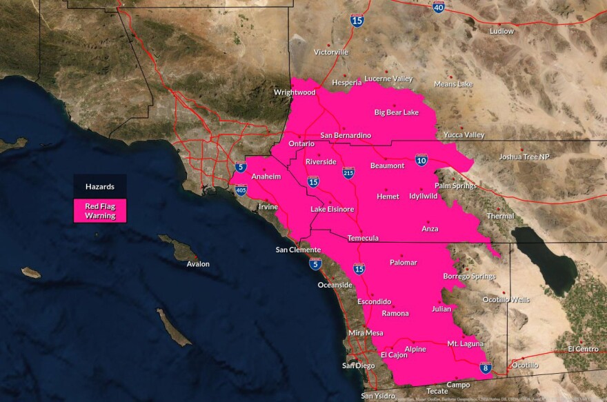 A map from the National Weather Service shows areas under a red flag warning in San Diego County. Dec. 8, 2024.