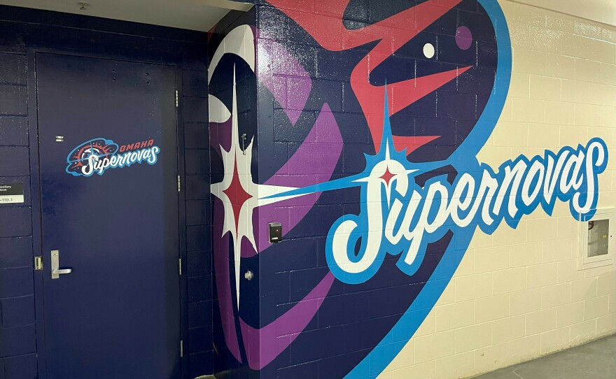 The wall painting outside the Omaha Supernovas' locker room sports the franchise's team colors in the Pro Volleyball Federation.