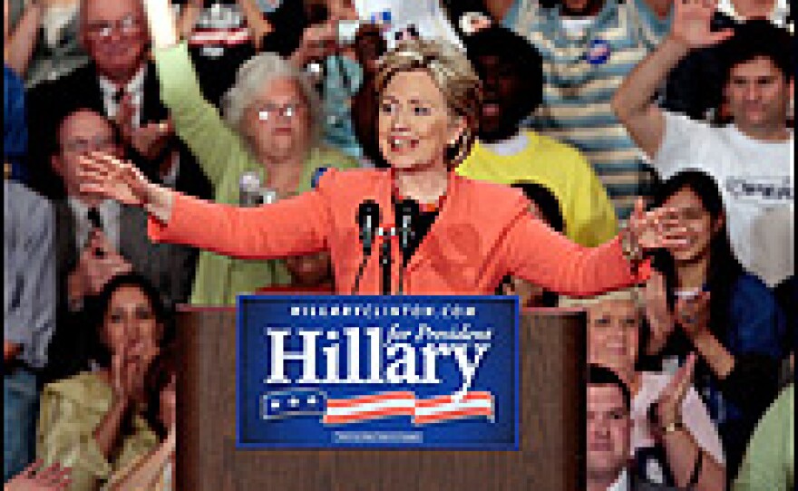 New York Sen. Hillary Clinton celebrates her win in the West Virginia primary at the Charleston Civic Center, May 13, 2008.
