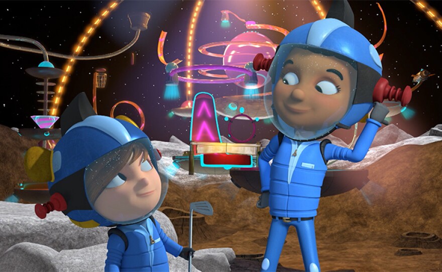 This is an episodic graphic from the READY JET GO! "One Small Step" special, premiering on June 17, 2019. Jet and his Boxwood Terrace friends learn all about Neil Armstrong and the Apollo Space Program as they embark on a sleepover on the moon.